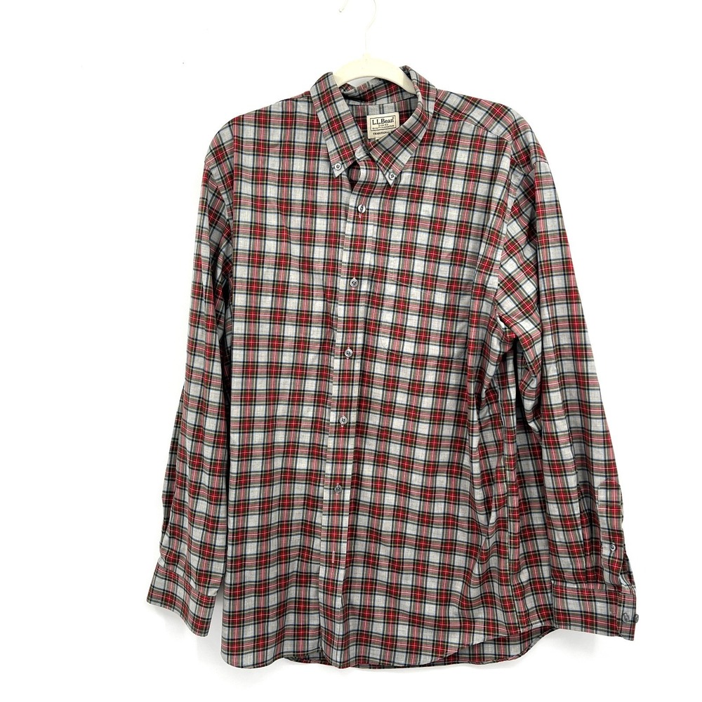 L.L.Bean classic plaid 100% cotton traditional fit button front shirt red gray L
